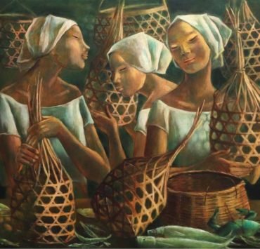 Women with baskets fish and crab