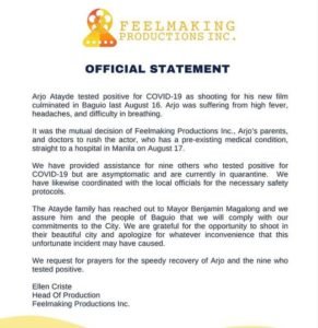 Statement on Arjo Atayde testing positive