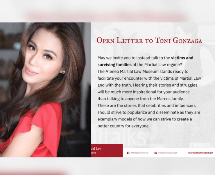 Open letter of Martial Law Museum to Toni Gonzaga