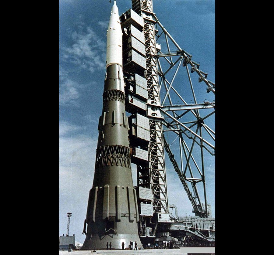 Mockup of N-1 at the Baikonur Cosmodrome in late 1967.