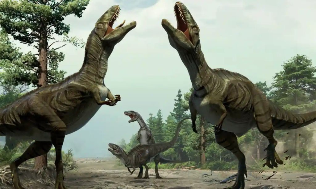 Illustration of theropods engaged in scrape ceremony display activity, based on trace fossil evidence from Colorado. Photo Credit: Lida Xing/AP