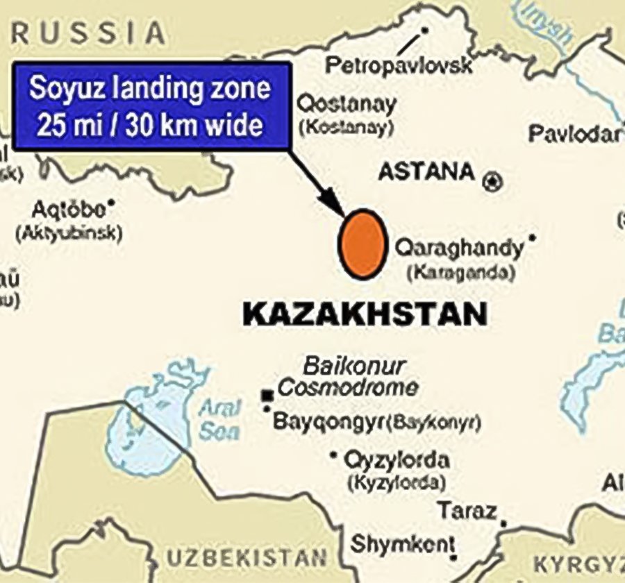 Map of Kazakhstan and the surrounding areas showing the target area for landing Soyuz vehicles. Photo Credits: NASA