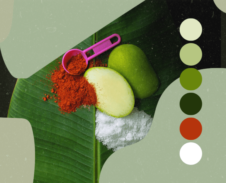 Graphic. Green mango sliced in half with salt and spice.