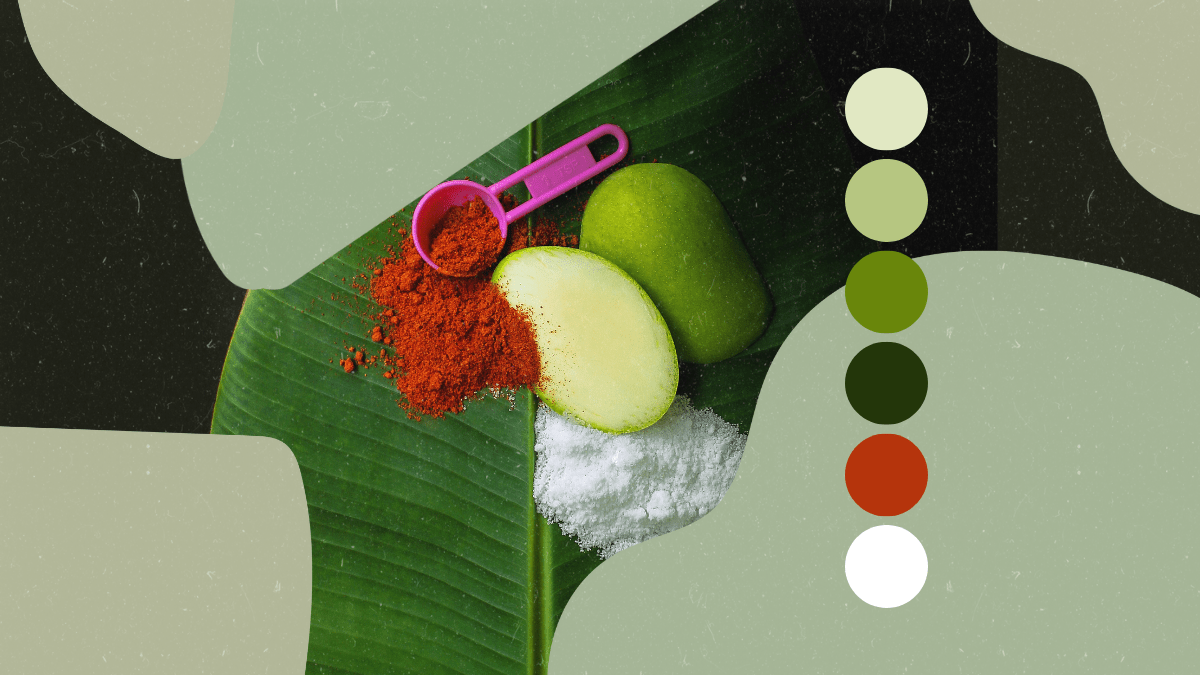 Graphic. Green mango sliced in half with salt and spice.