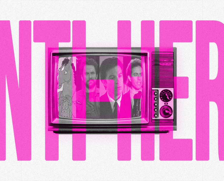 Fictional dark sitcom characters BoJack Horseman, Charlie Kelly, Michael Bluth and Jerry Seinfeld in a TV with anti-hero text in front.