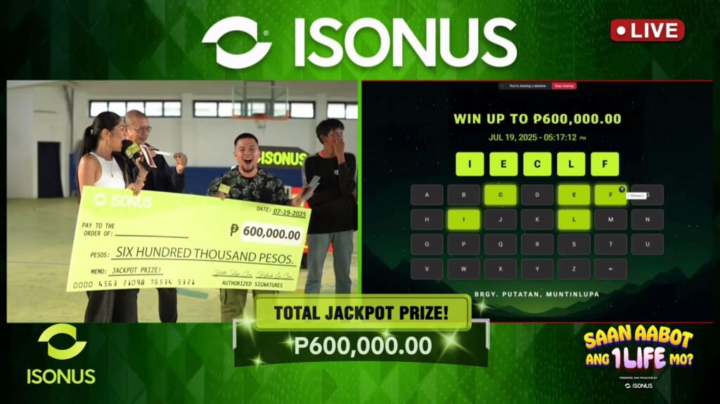 Left to Right: Host Eloisa Jauod, Isonus HR Manager Gerald Castro, Host RichardKnows during the moment that the first Isonus grand winner was announced