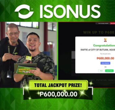 Left to Right: Host Eloisa Jauod, Isonus HR Manager Gerald Castro, Host RichardKnows announcing the winner of P600,000