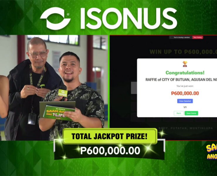 Left to Right: Host Eloisa Jauod, Isonus HR Manager Gerald Castro, Host RichardKnows announcing the winner of P600,000