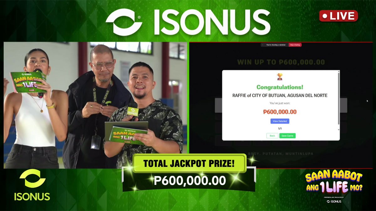Left to Right: Host Eloisa Jauod, Isonus HR Manager Gerald Castro, Host RichardKnows announcing the winner of P600,000