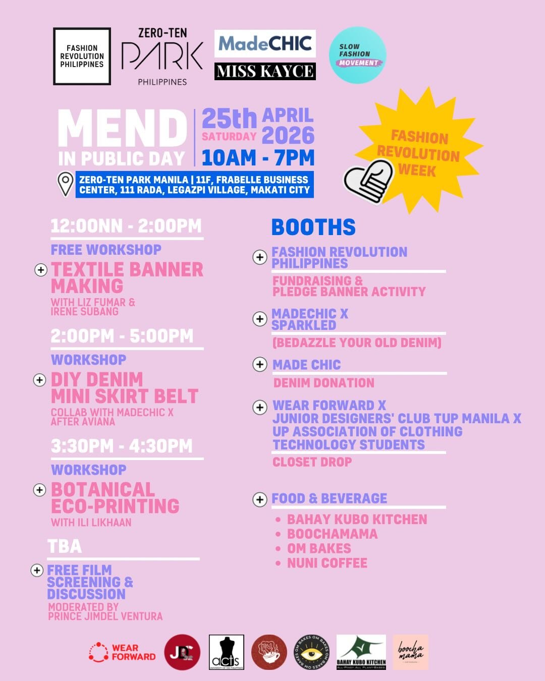 Mend in Public Day, part of Fashion Revolution Week, will take place on April 25, 2026, from 10:00 AM to 7:00 PM at Zero-Ten Park Makati,