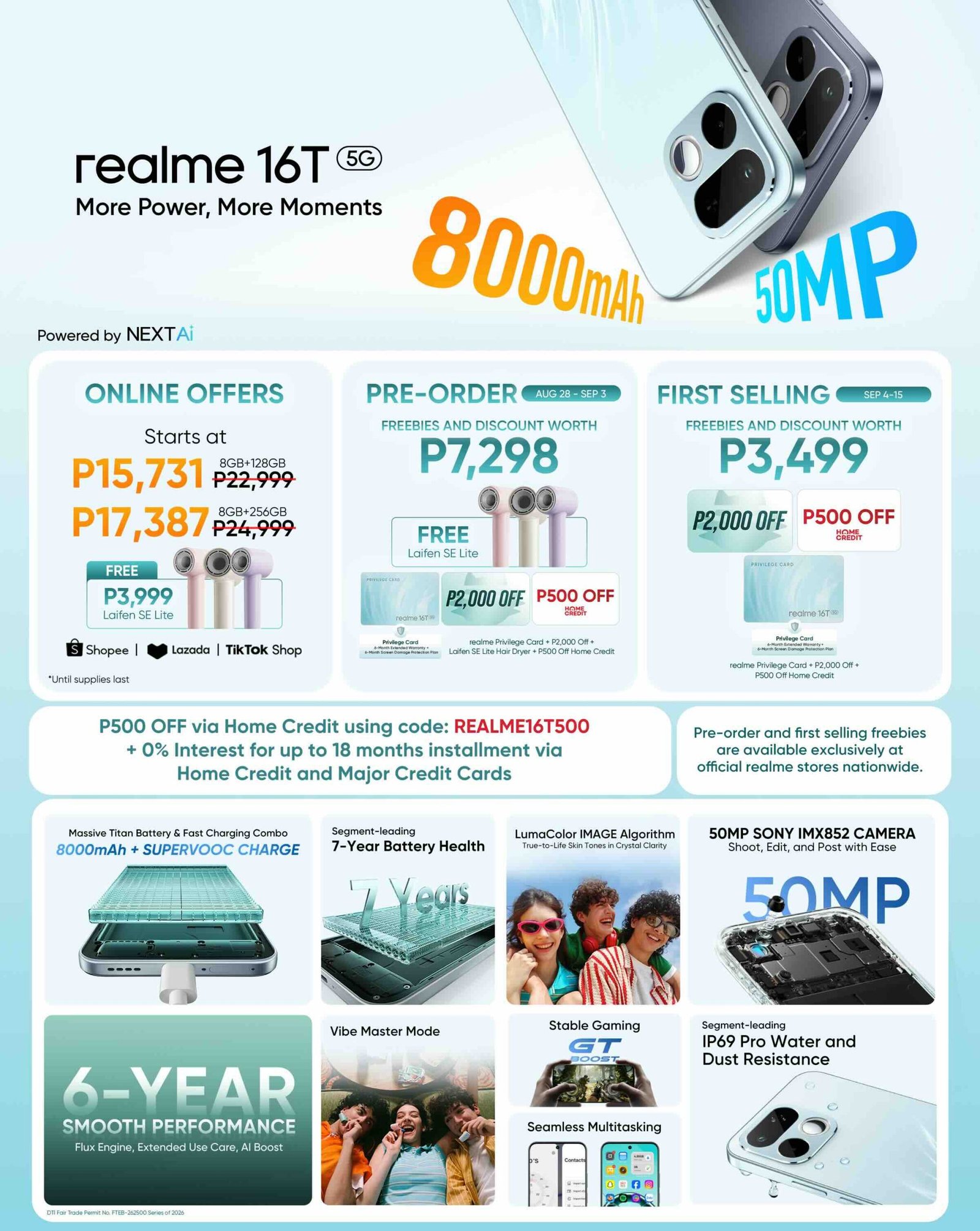 realme Philippines has officially launched the realme 16T 5G, headlined by an 8000mAh Titan Battery, a 50MP Sony IMX852 camera, and IP69 Pro dust and water resistance under the campaign tagline “More Power, More Moments.